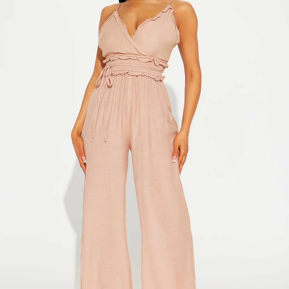 Fashion Nova Tan Wide-Leg Jumpsuit with V-Neckline